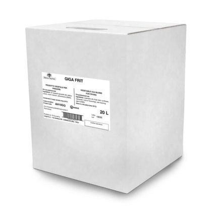 Cutie de carton albă cu eticheta "Giga Frit", amestec de uleiuri vegetale de 20L pentru prăjire profesională.