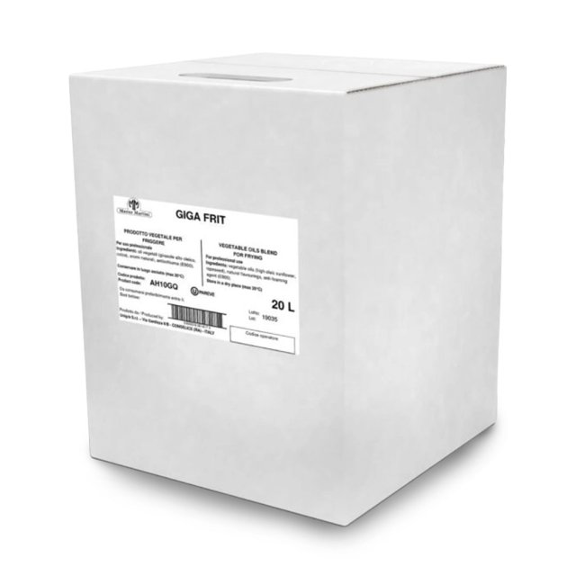 Cutie de carton albă cu eticheta "Giga Frit", amestec de uleiuri vegetale de 20L pentru prăjire profesională.