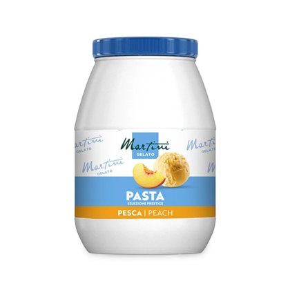 Borcan de plastic alb cu capac albastru, etichetă "Martini Gelato Pasta Selezione Prestige Pesca", cu felie de piersică