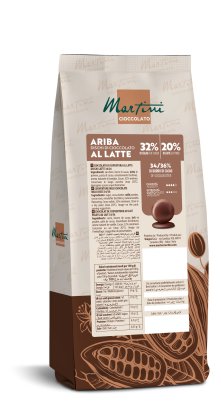 Pungă stand-up cu discuri de ciocolată cu lapte Martini Ariba, 32% cacao, cu model de boabe de cacao maro