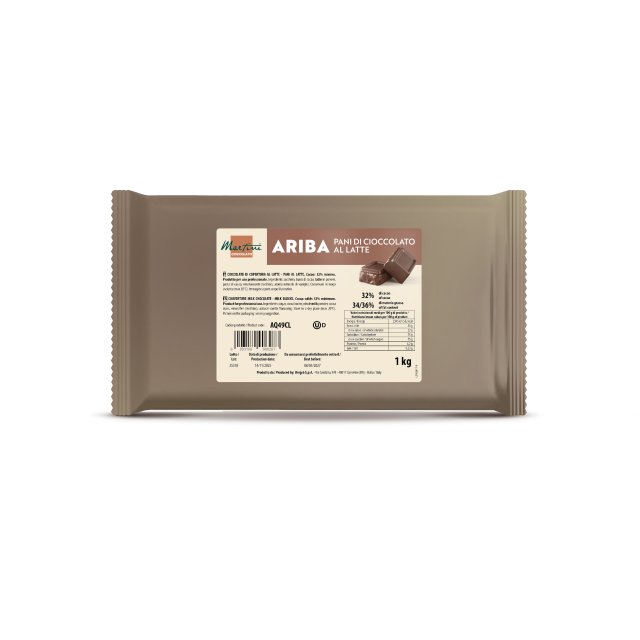 Ambalaj bej din plastic, 1kg, blocuri de ciocolată cu lapte Martini Ariba, 32% cacao, cu etichetă și bucăți