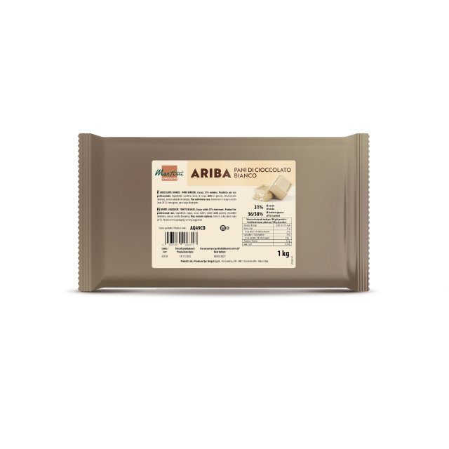 Pachet de 1kg ciocolată albă Marchesi Ariba în blocuri, ambalaj bej cu etichetă nutrițională.