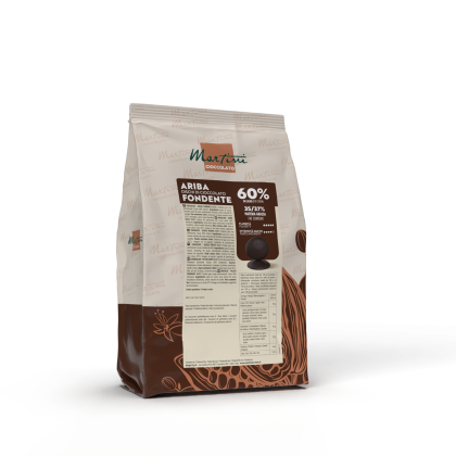 Pungă cu discuri de ciocolată neagră Martini Ariba 60% cu procent de cacao pe ambalaj