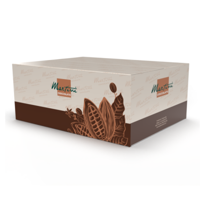 Cutie crem și maro Martini Cioccolato cu ilustrații de păstăi și boabe de cacao pe panouri.