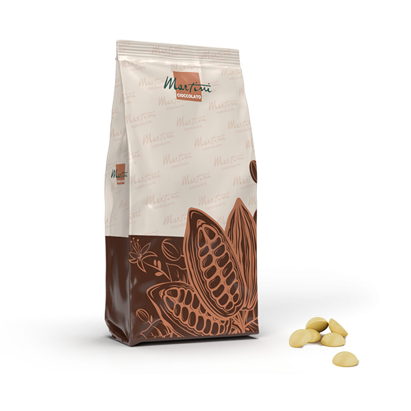 Pungă Martini Cioccolato cu discuri de ciocolată albă și ilustrații de păstăi de cacao, alături vafe de ciocolată.