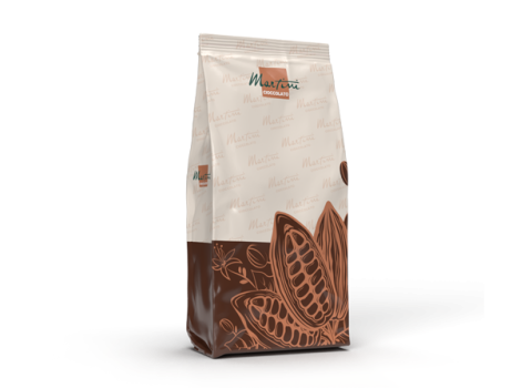 Pungă stând în picioare cu ciocolată caldă Martini Cioccolato, etichetă crem și ilustrații păstăi de cacao