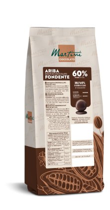 Ambalaj maro cu discuri de ciocolată amăruie Martini Ariba Fondente 60%, ilustrații cu păstăi de cacao și etichetă nu...
