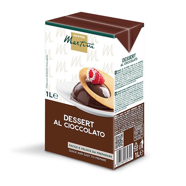 Cutie de 1L Master Martini Desert cu Ciocolată, budincă de ciocolată cu zmeură pe napolitană.