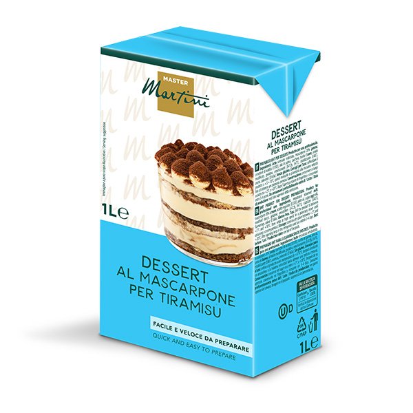 Cutie de 1L cu mix de mascarpone Master Martini pentru tiramisu, cu fotografie tiramisu pe ambalaj albastru.