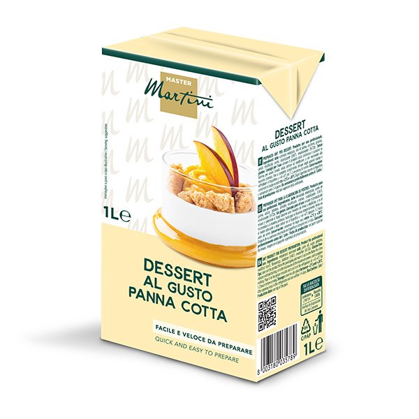 Cutie de 1L Master Martini cu aromă de panna cotta, cremă servită în pahar cu felii de piersică.