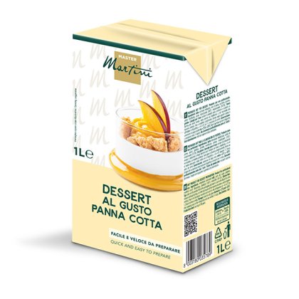 Cutie de 1L Master Martini cu aromă de panna cotta, cremă servită în pahar cu felii de piersică.