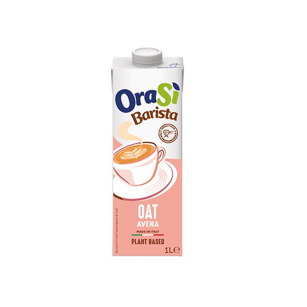 Cutie de 1L de băutură din ovăz OraSì Barista, vegetală, fabricată în Italia, cu cană de cafea pe ambalaj roz.