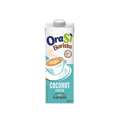 Cutie de 1 litru de băutură vegetală OraSì Barista Coconut, ambalaj turcoaz cu ceașcă de latte, produs în Italia.