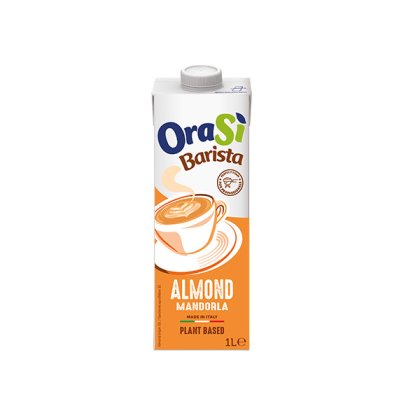 Cutie 1L OraSì Barista Almond, băutură vegetală, ambalaj portocaliu cu grafică ceașcă, produs în Italia.