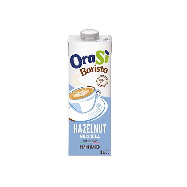 Cutie de 1 litru de băutură vegetală OraSì Barista Hazelnut, etichetă bleu cu ilustrație cappuccino.