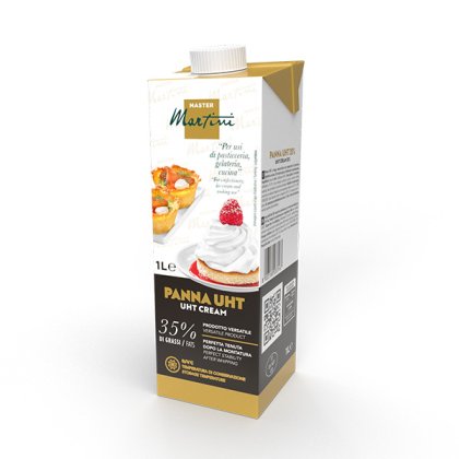 Cutie de 1 litru de smântână UHT Master Martini Panna, 35% grăsime, cu imagini de patiserie și frișcă pe etichetă.