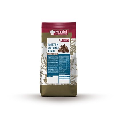 Pungă de fulgi de ciocolată cu lapte Martini Food Service cu design de foaie de cacao.