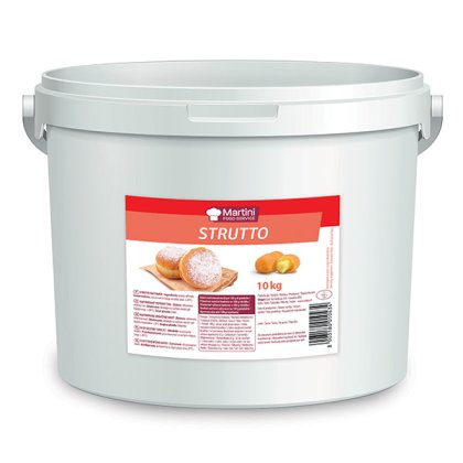 Găleată albă de 10kg untură de patiserie Martini Strutto, etichetă roșie cu gogoși pudrate cu zahăr.