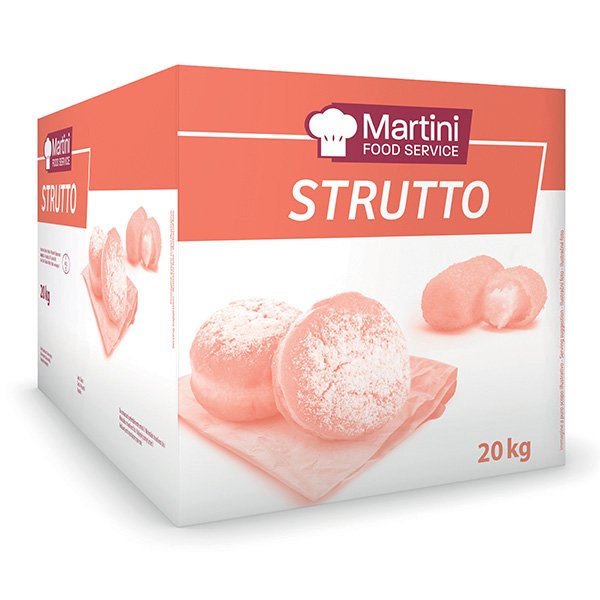 Cutie de 20kg Martini Food Service Strutto cu produse de patiserie pudrate pe un tocător.