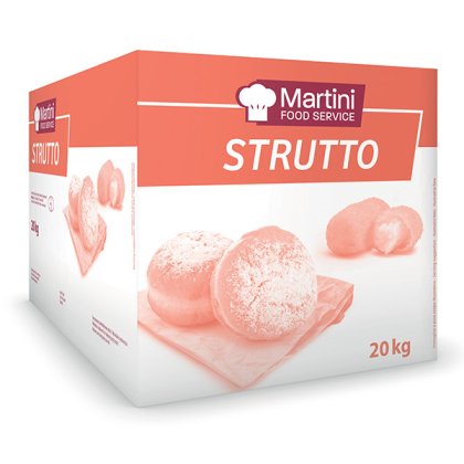 Cutie de 20kg Martini Food Service Strutto cu produse de patiserie pudrate pe un tocător.