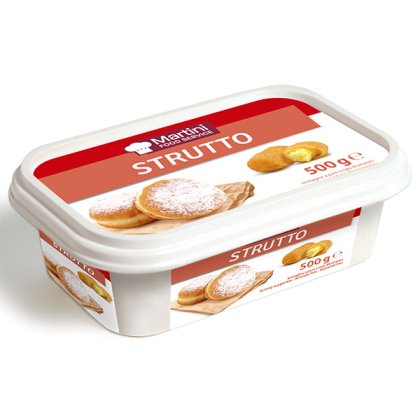 Cutie de plastic alb Martini Food Service Untură, 500g, etichetă roșie cu gogoși pudrate cu zahăr.