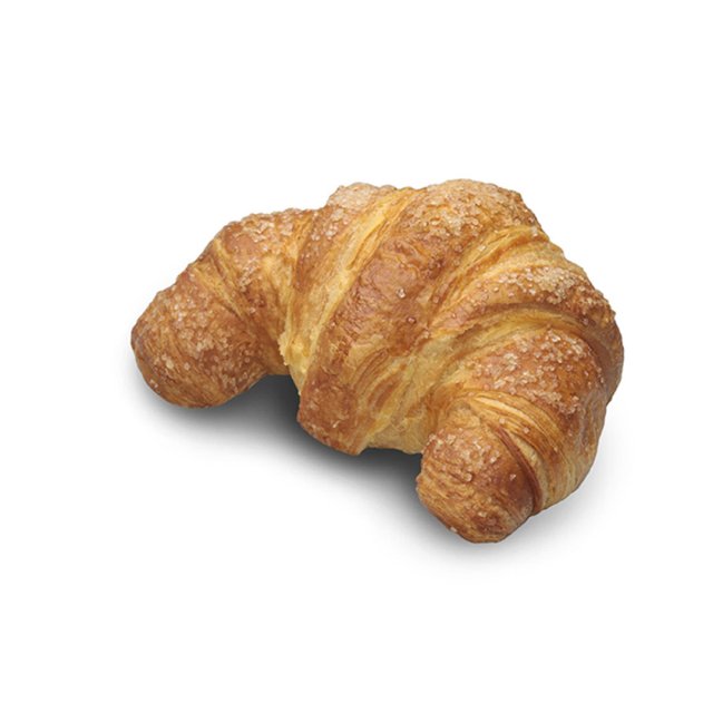 Croissant auriu cu crustă crocantă și zahăr, în formă de semilună, pe fundal alb.