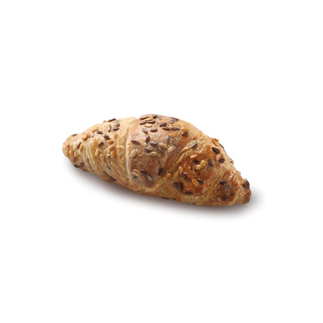 Croissant copt auriu cu semințe mixte, pe fundal alb.