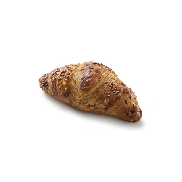 Croissant auriu multicereale cu semințe mixte, pe fundal alb.