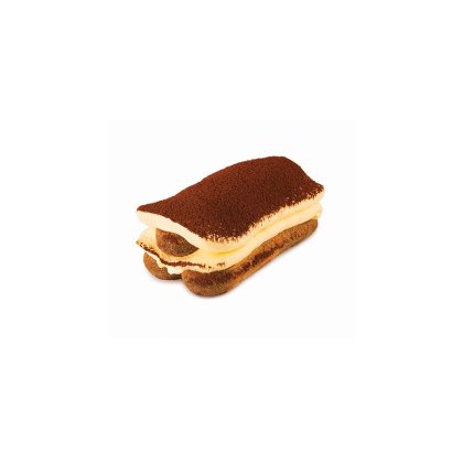 Felie dreptunghiulară de tiramisu cu pișcoturi și cremă stratificate, presărată cu cacao, pe fundal alb