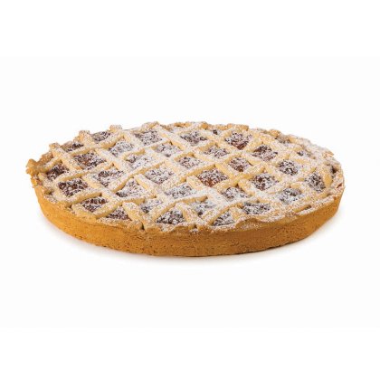 Tartă rotundă cu grilaj auriu de aluat, pudrată cu zahăr, cu umplutură de fructe vizibilă.