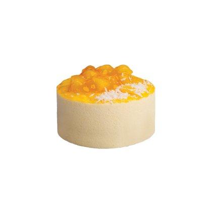 Tort rotund cu mousse de mango, glazură fructată portocalie lucioasă și fulgi de cocos pe bază crem
