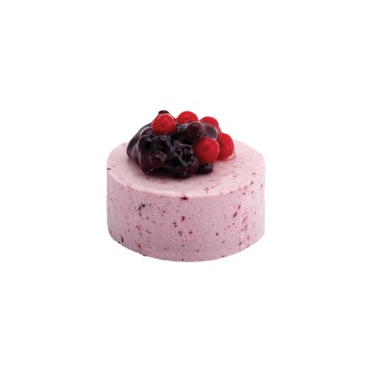Tort mousse rotund cu exterior roz pătat cu fructe de pădure, decorat cu fructe glazurate