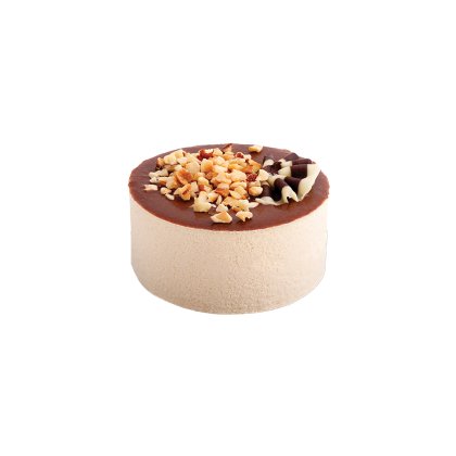 Tort rotund cu glazură bej pe margini, ganache de ciocolată deasupra, nuci tocate și decor din ciocolată albă și neagră