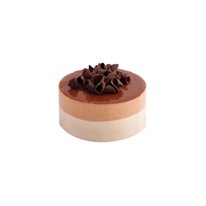 Tort rotund din mousse de ciocolată, cu glazură lucioasă și curly de ciocolată neagră, pe fond alb