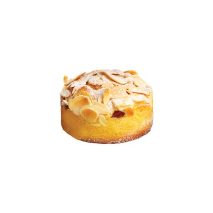 Tort individual rotund cu fulgi de migdale și zahăr pudră, pe fundal alb.