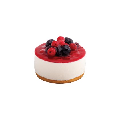 Mini cheesecake cu blat pandișpan, cremă albă, glazură de fructe roșii, afine și decor