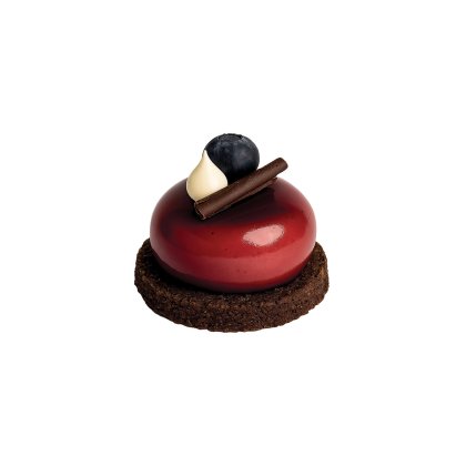 Desert mousse roșu lucios pe bază de crumble de ciocolată, cu afină, spirală de ciocolată albă și ciocolată