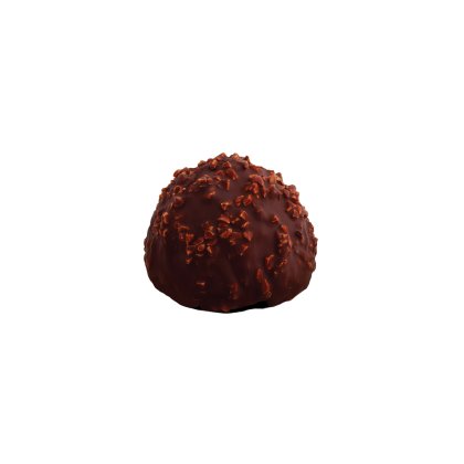 Trufă rotundă din ciocolată neagră acoperită cu bucățele crocante de cacao, pe fundal alb.