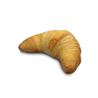 Croissant auriu, în formă de semilună, cu foietaj, pe fundal alb.