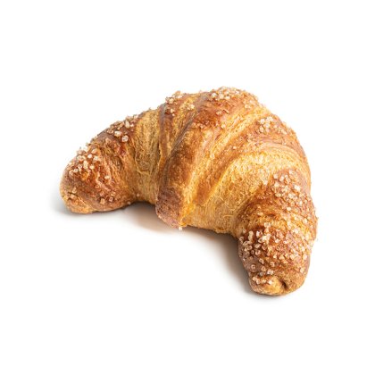 Croissant auriu, foietaj crocant, în formă curbată, acoperit cu zahăr grunjos, pe fundal alb.