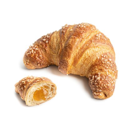 Croissant întreg acoperit cu zahăr sclipitor, alături de o bucată tăiată cu umplutură de caise