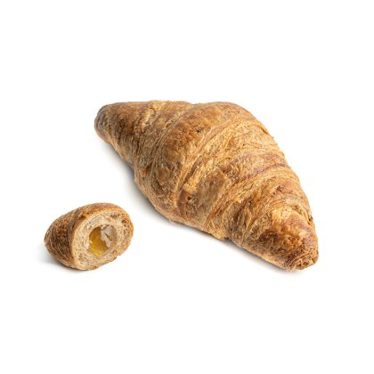 Croissant auriu, crocant, cu un capăt tăiat, dezvăluind interiorul moale și umplut