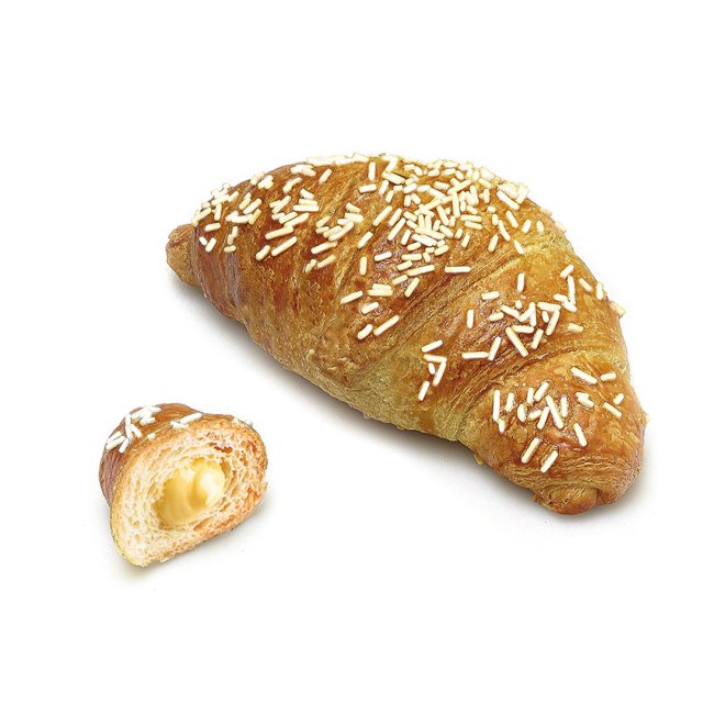 Croissant auriu cu stropi albi, o bucată mai mică tăiată arată o umplutură cremoasă de vanilie.