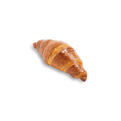 Croissant auriu-brun cu crustă lucioasă și crocantă, pe fundal alb.