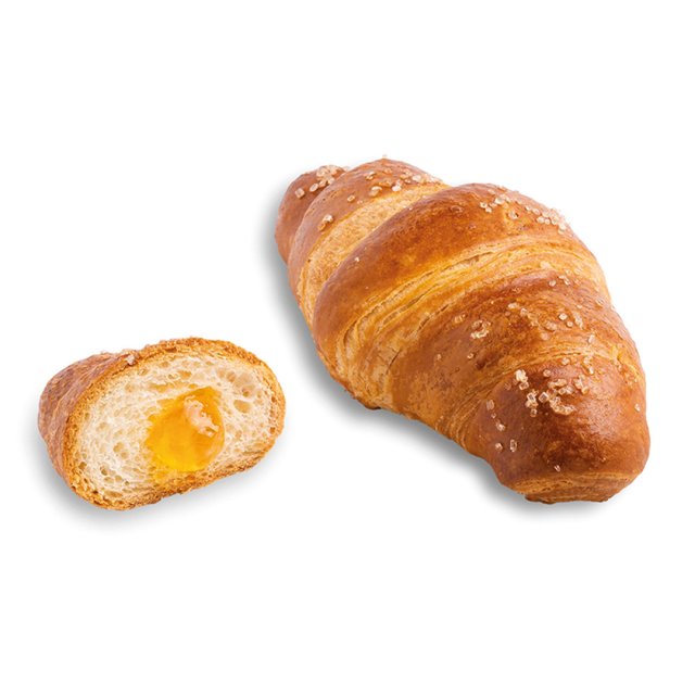 Croissant tip covrig auriu cu zahăr grunjos, întreg și tăiat, cu umplutură de gem de caise.