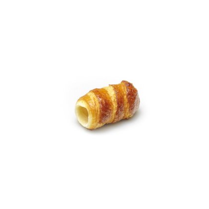 Corn din aluat foietaj auriu-brun, cu centru gol, izolat pe fundal alb.