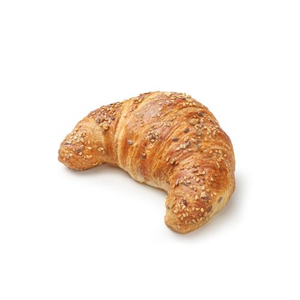 Croissant auriu cu semințe mixte, în formă de semilună, pe fundal alb.