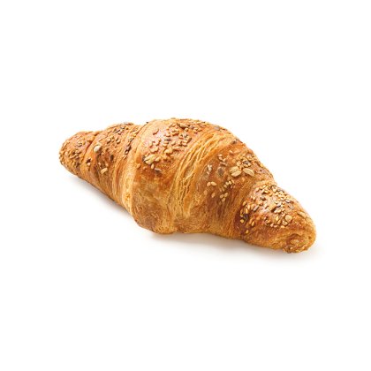 Croissant multicereale copt auriu, cu semințe și fulgi de ovăz, pe fundal alb.