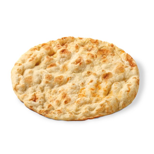 Turtă rotundă auriu-rumenită cu crustă bășicată, texturată, pe fundal alb.