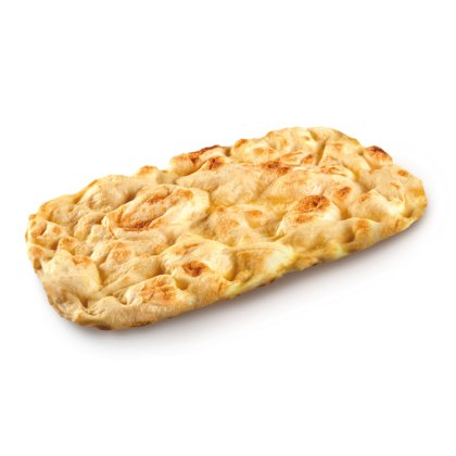 Pâine plată dreptunghiulară cu crustă auriu-rumenită și gropițe, pe fundal alb.